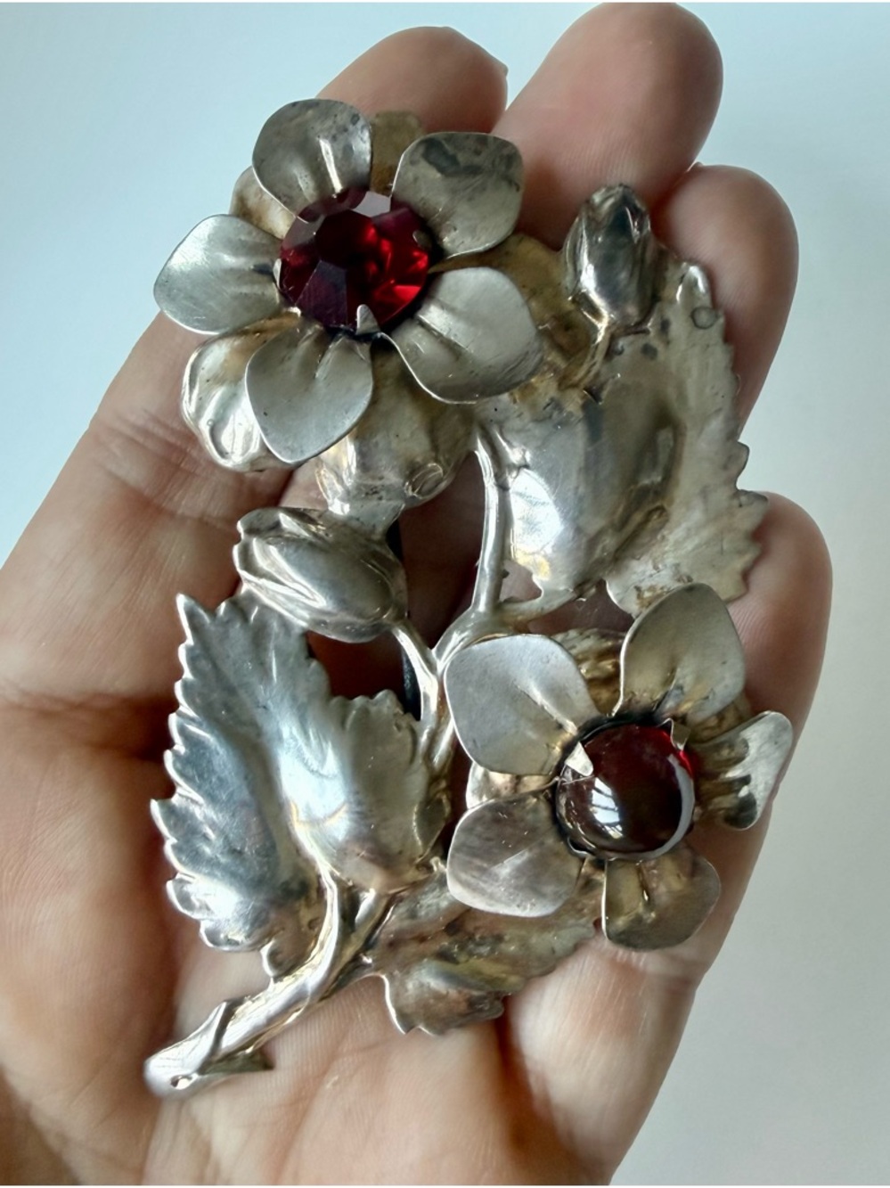 Vintage Gold Over Sterling Silver Large Red Cabochon Floral Bouquet Brooch Pin - Picture 2 of 16
